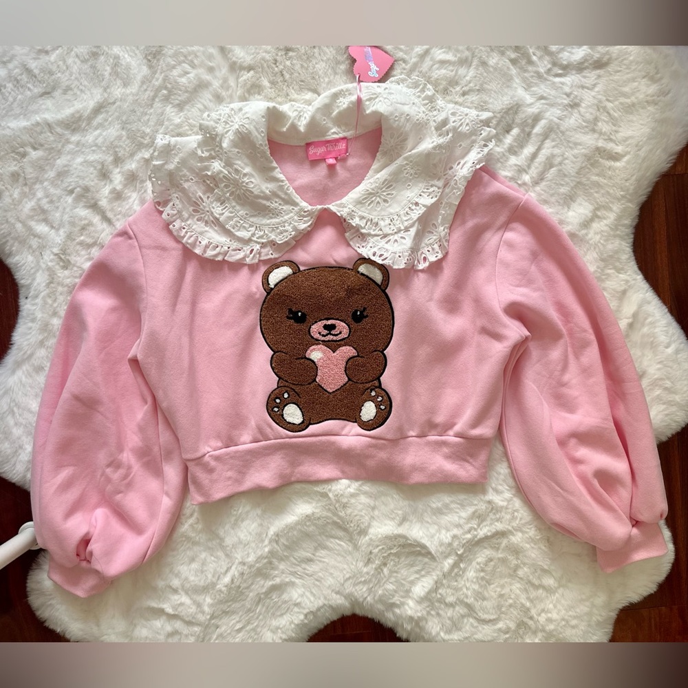 Sugar Thrillz Snuggle Up pink collar sweater with bear - size small NWT adorable